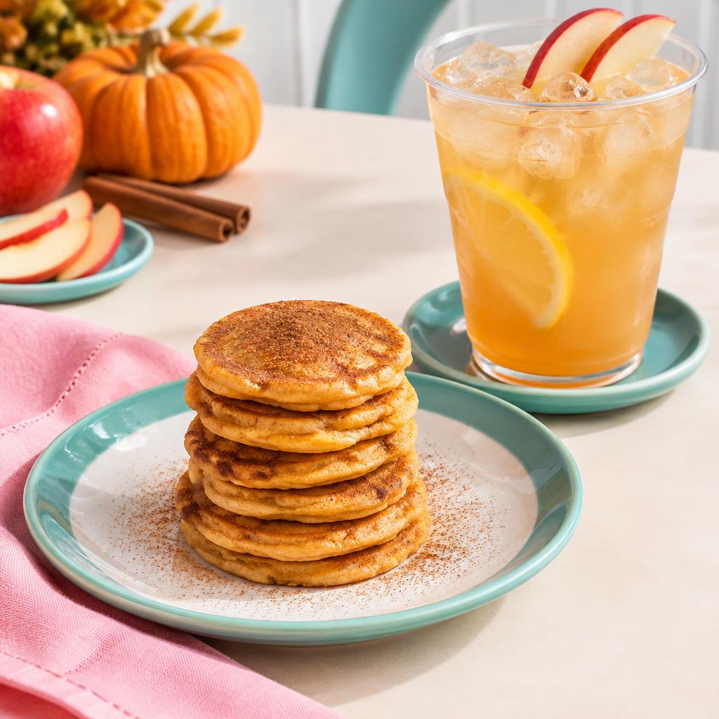 Illustrative pumpkin spice pancake stacks and apple cider lemonade pairing